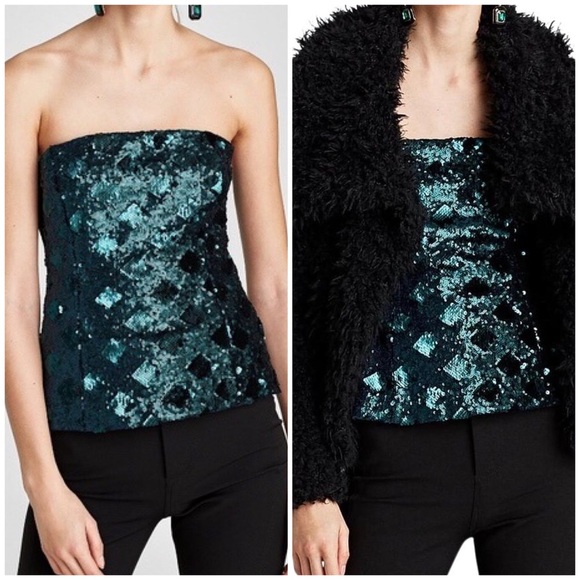 Zara Tops - NWT Zara Sequin Tube Top Teal Medium